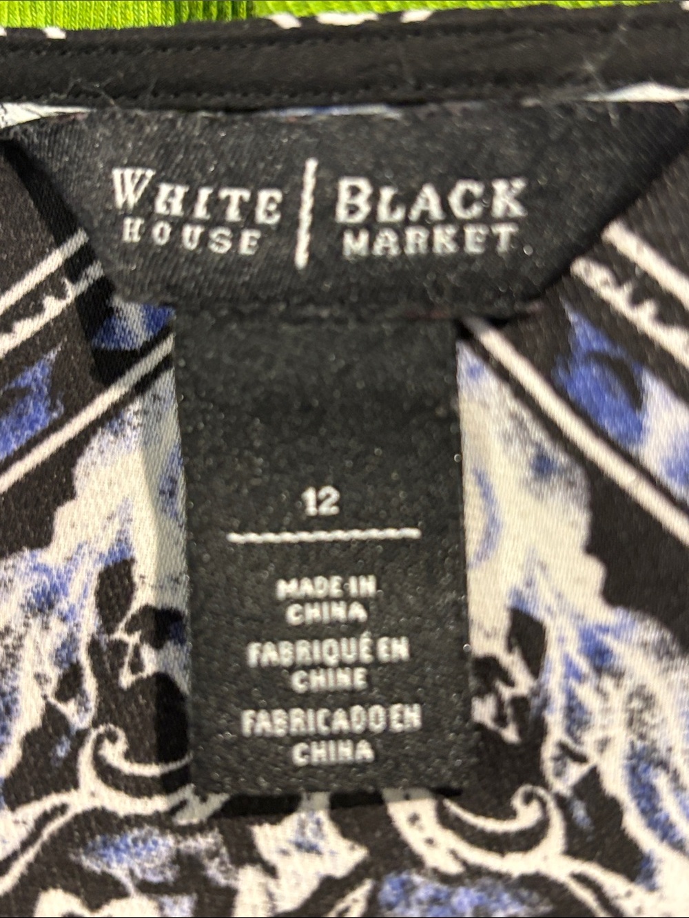 White House Black Market Black Wrap Blouse with Blue and White Scroll Print - Picture 6 of 7